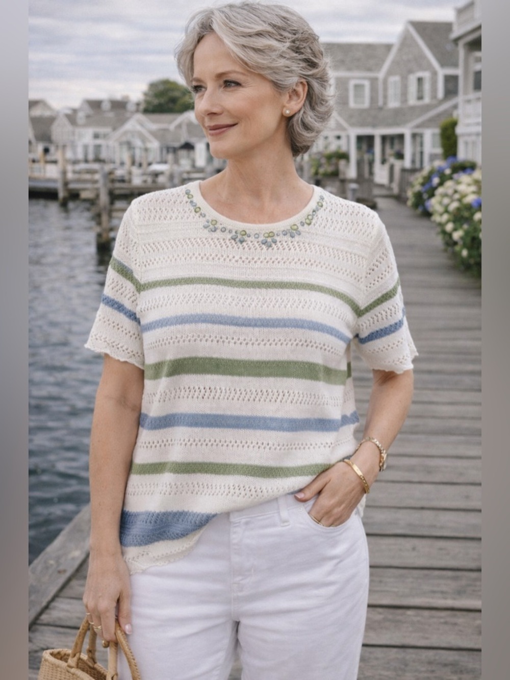 Alfred Dunner Striped Knit Top Embellished Neckline Size M Coastal Chic Sweater
